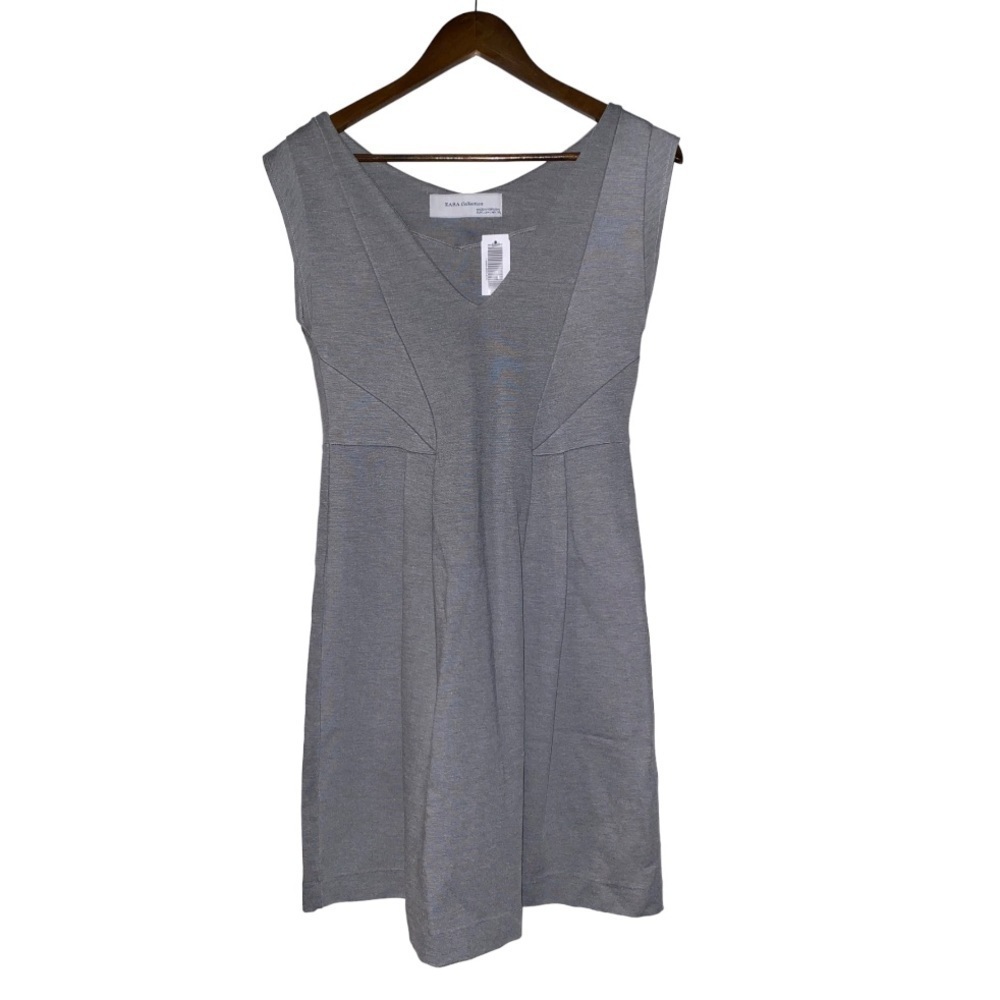 Vintage Zara Women V-Neck Sleeveless Gray Pleated Mini Dress Front L Pullover